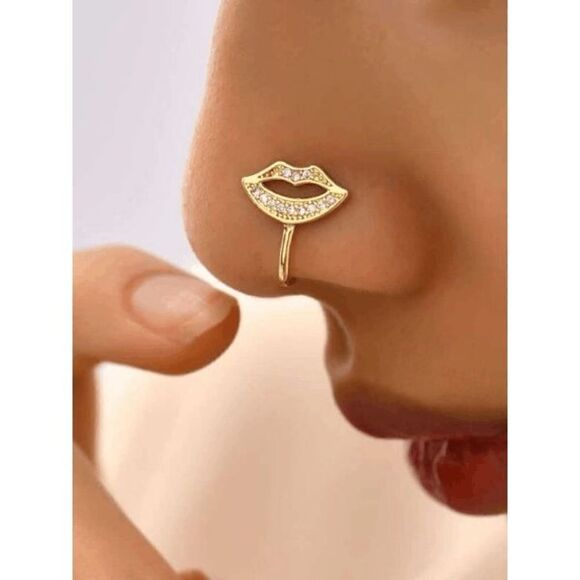 GOLD DIAMOND LIP NOSE RING CUFF - Picture 1 of 6